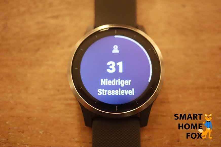 Man sieht das aktuelle Stresslevel auf der Garmin vivoactive 4. 